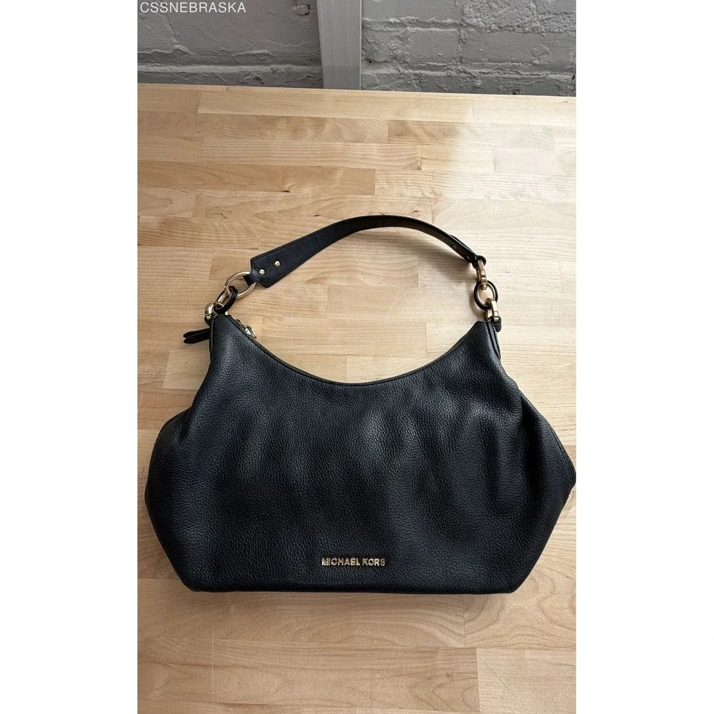 Michael Kors Black Pebbled Leather Hobo Shoulder Bag Gold Tone Ring Hardware